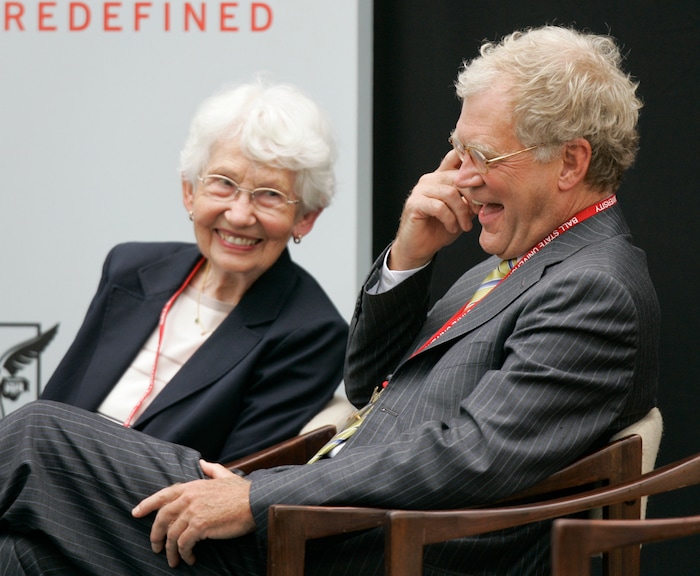 FILE - In this Sept. 7, 2007, file photo, David Letterman, right, the host of "The Late Show with David Letterman" on CBS, and his mother Dorothy Mengering share a laugh during the dedication of the $21 million David Letterman Communication and Media Building on the campus in Muncie, Ind. Mengering died Tuesday, April 11, 2017, his publicist Tom Keaney confirmed. She was 95. (AP Photo/Michael Conroy, File)