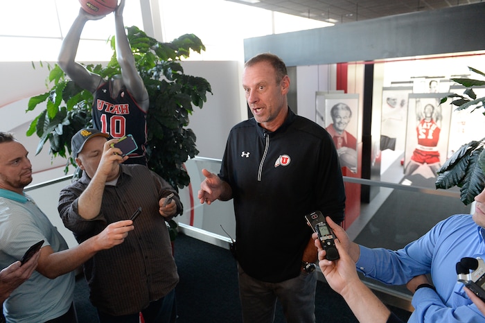 (Francisco Kjolseth  |  The Salt Lake Tribune)  Utah basketball coach Larry Krystkowiak speaks with the press during media day at the Ute basketball practice facility on Wed. Sept. 26, 2018.
