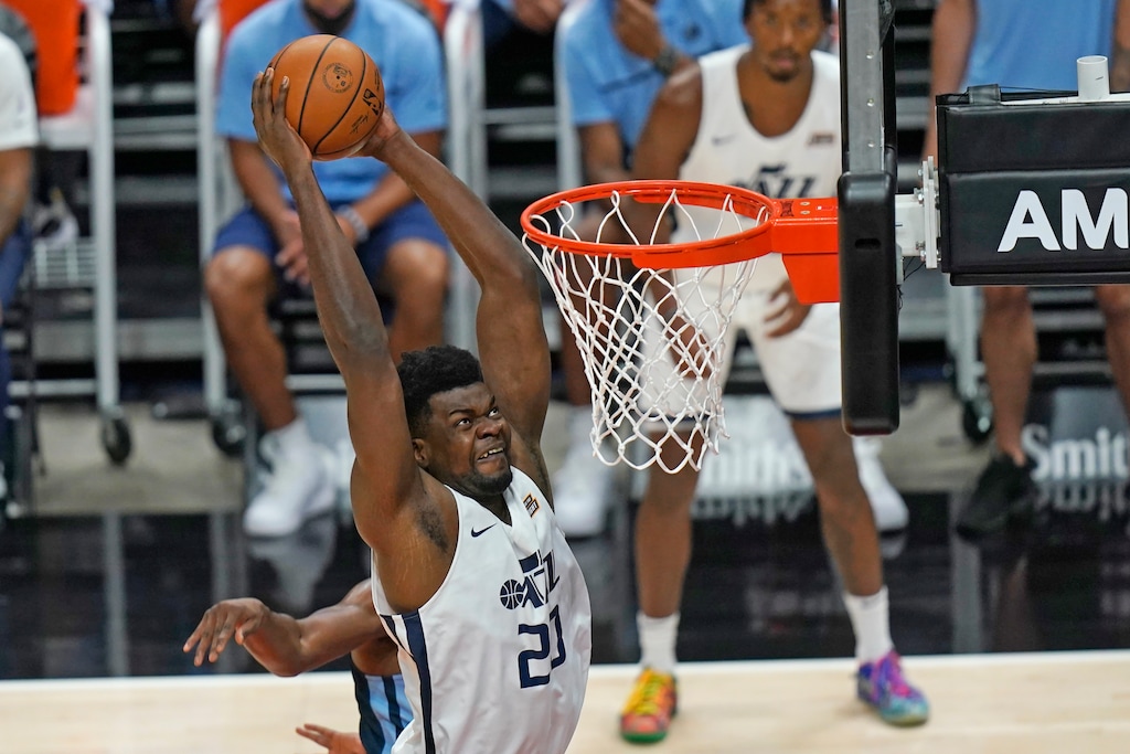 (Rick Bowmer  |  Associated Press) Utah Jazz's Udoka Azubuike (20) dunks against the Memphis Grizzlies during the first half of an NBA summer league basketball game Wednesday, Aug. 4, 2021, in Salt Lake City.