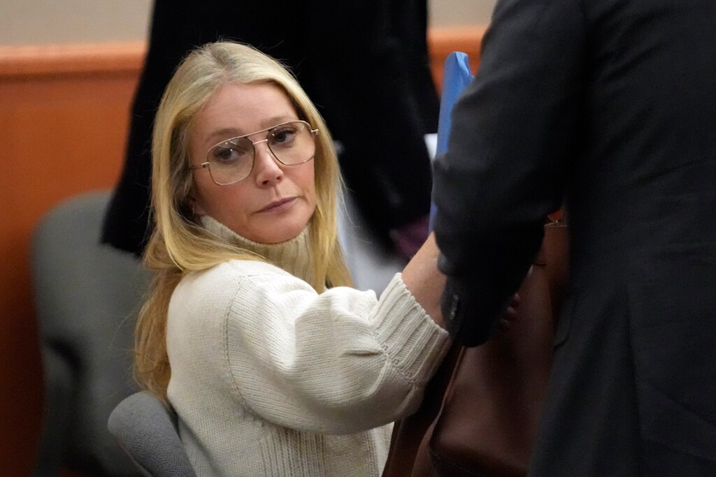 (Rick Bowmer | AP) Actor Gwyneth Paltrow looks on before leaving the courtroom, Tuesday, March 21, 2023, in Park City, where she is accused in a lawsuit of crashing into a skier during a 2016 family ski vacation at Deer Valley Resort, leaving him seriously injured.