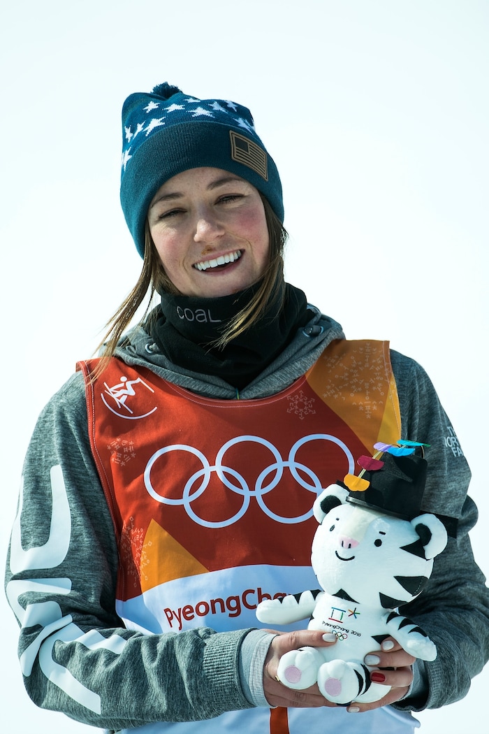 (Chris Detrick  |  The Salt Lake Tribune)  Brita Sigourney of the United States celebrates after the Ladies' Ski Halfpipe Final Run at Phoenix Park during the Pyeongchang 2018 Winter Olympics Tuesday, Feb. 20, 2018. Sigourney finished in 3rd place with a score of 89.80.