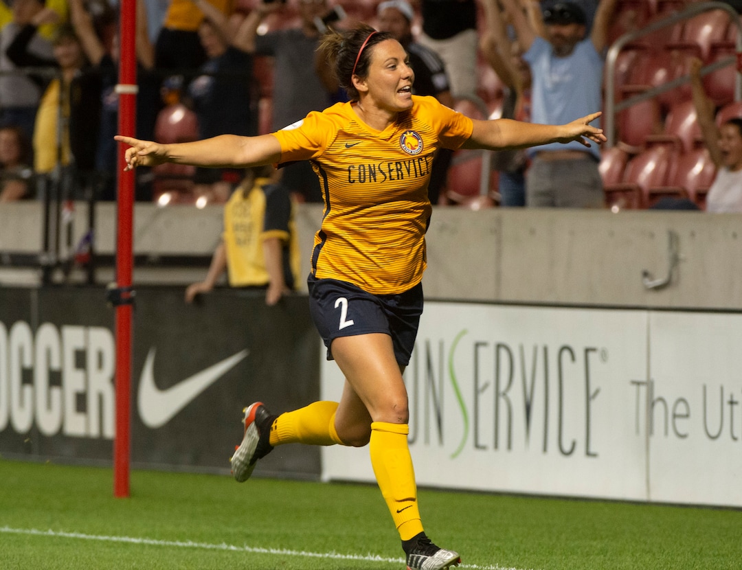 (Rick Egan  |  The Salt Lake Tribune)     Utah Royals FC defender Rachel Corsie (2) reacts after scoring the game tying goal, in Soccer action between Utah Royals FC and Portland Thorns FC, in Sandy, Friday, July 19, 2019.