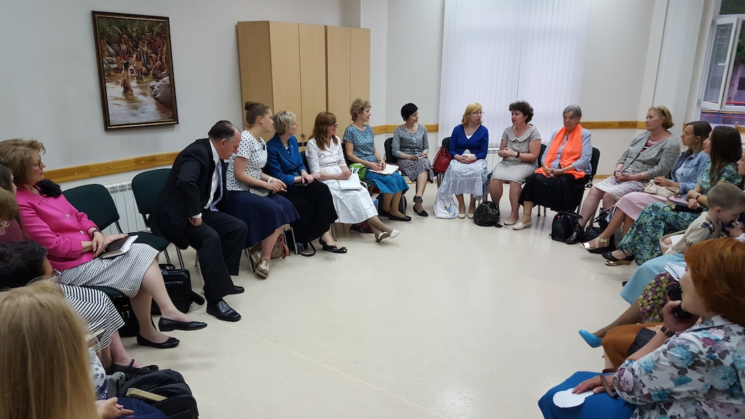 photo courtesy LDS churchGeneral Relief Society President Jean B. Bingham visits with church members in Russia.