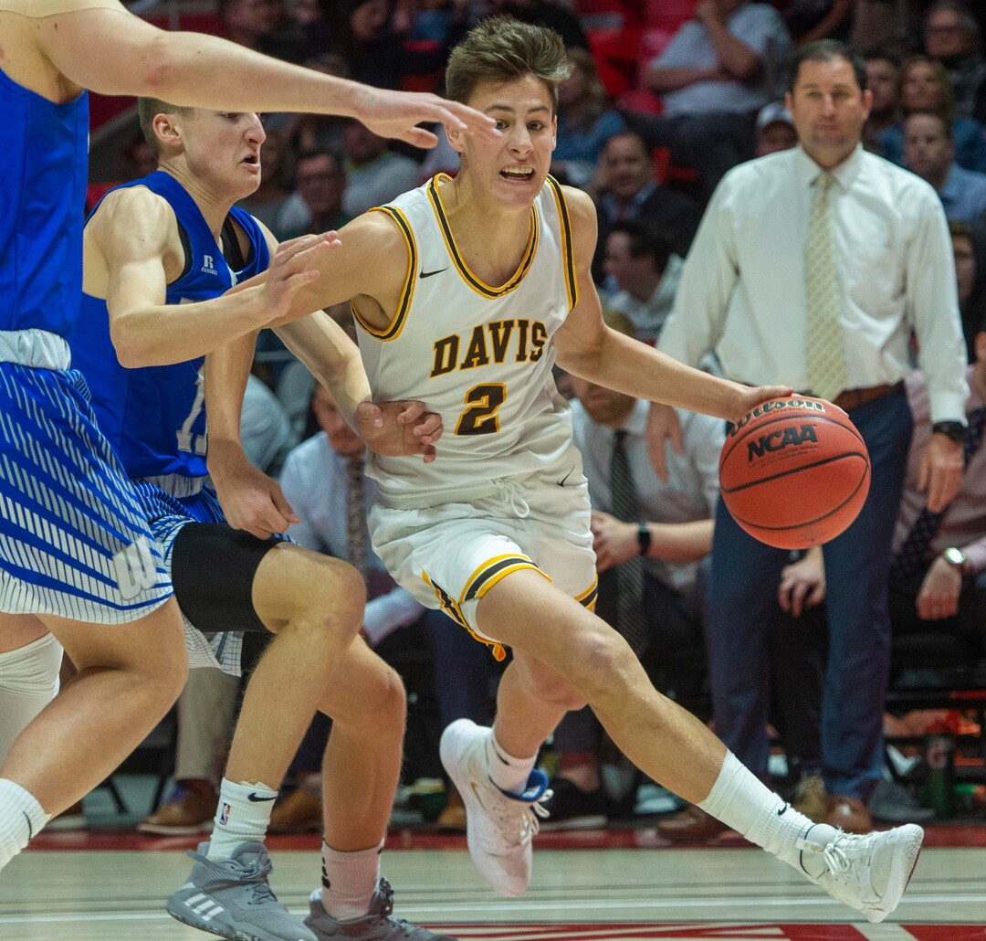 (Rick Egan  |  The Salt Lake Tribune)   Davis High forward Spencer Vernon (2) drives drives down court, in the 6A championship game at the Jon M. Huntsman Center, Saturday Feb. 29, 2020