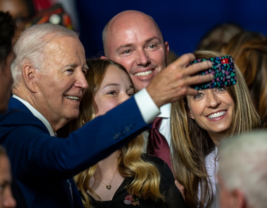 (Rick Egan | The Salt Lake Tribune) President Joe Biden takes a selfie with Gov. Spencer Cox, his daughter Emma Kate and his wife Abby, at the George E. Wahlen Department of Veterans Affairs Medical Center, on Thursday, Aug. 10, 2023.
