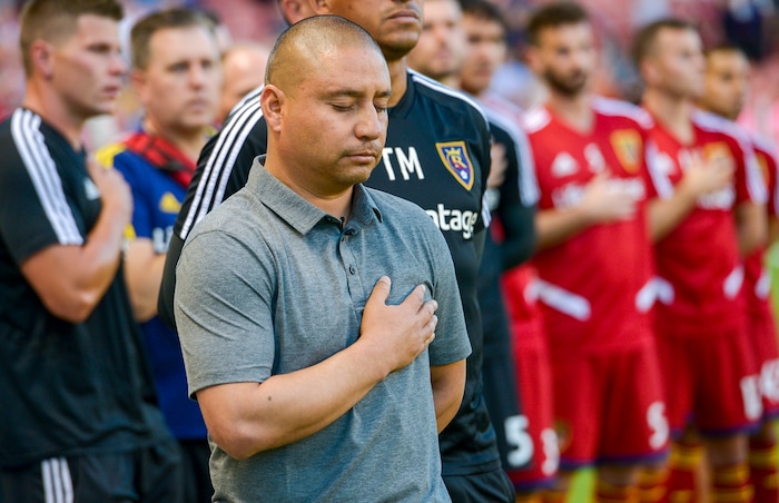 (Leah Hogsten  |  The Salt Lake Tribune) Real Salt Lake’s    Freddy Juarez takes the field as the interim coach as Real Salt Lake hosts the Seattle Sounders, Aug. 14, 2019, at Rio Tinto Stadium in Sandy. RSL defeated the Sounders 3-0.