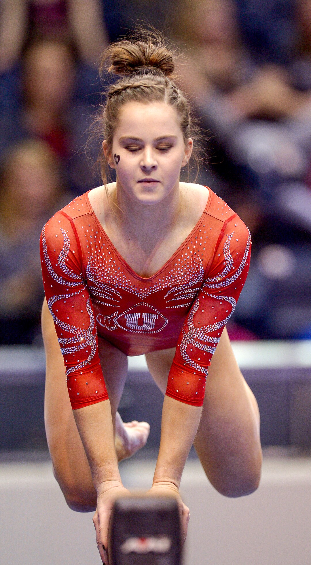 Leah Hogsten  |  The Salt Lake Tribune Utah's Adrienne Randall on the beam as No. 3 University of Utah gymnastics team meets BYU gymnastics at the Marriot Center, Jan. 10, 2019.