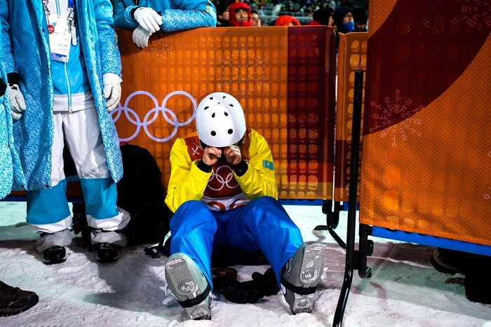(Chris Detrick  |  The Salt Lake Tribune)   Kazakhstan's Zhanbota Aldabergenova cries after failing to qualify for the finals during the Ladies' Aerials Qualification at Phoenix Park during the Pyeongchang 2018 Winter Olympics Thursday, Feb. 15, 2018. 
