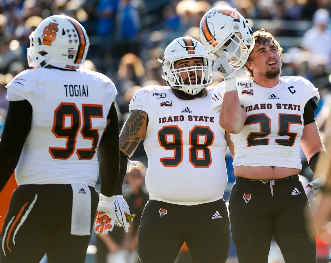 (Leah Hogsten  |  The Salt Lake Tribune) Idaho State Bengals defensive lineman Gilbert Varela (98) and Idaho State Bengals linebacker Kody Graves (25) watch a replay as Brigham Young University takes on Idaho State, Saturday, Nov. 16, 2019 at LaVell Edwards Stadium.