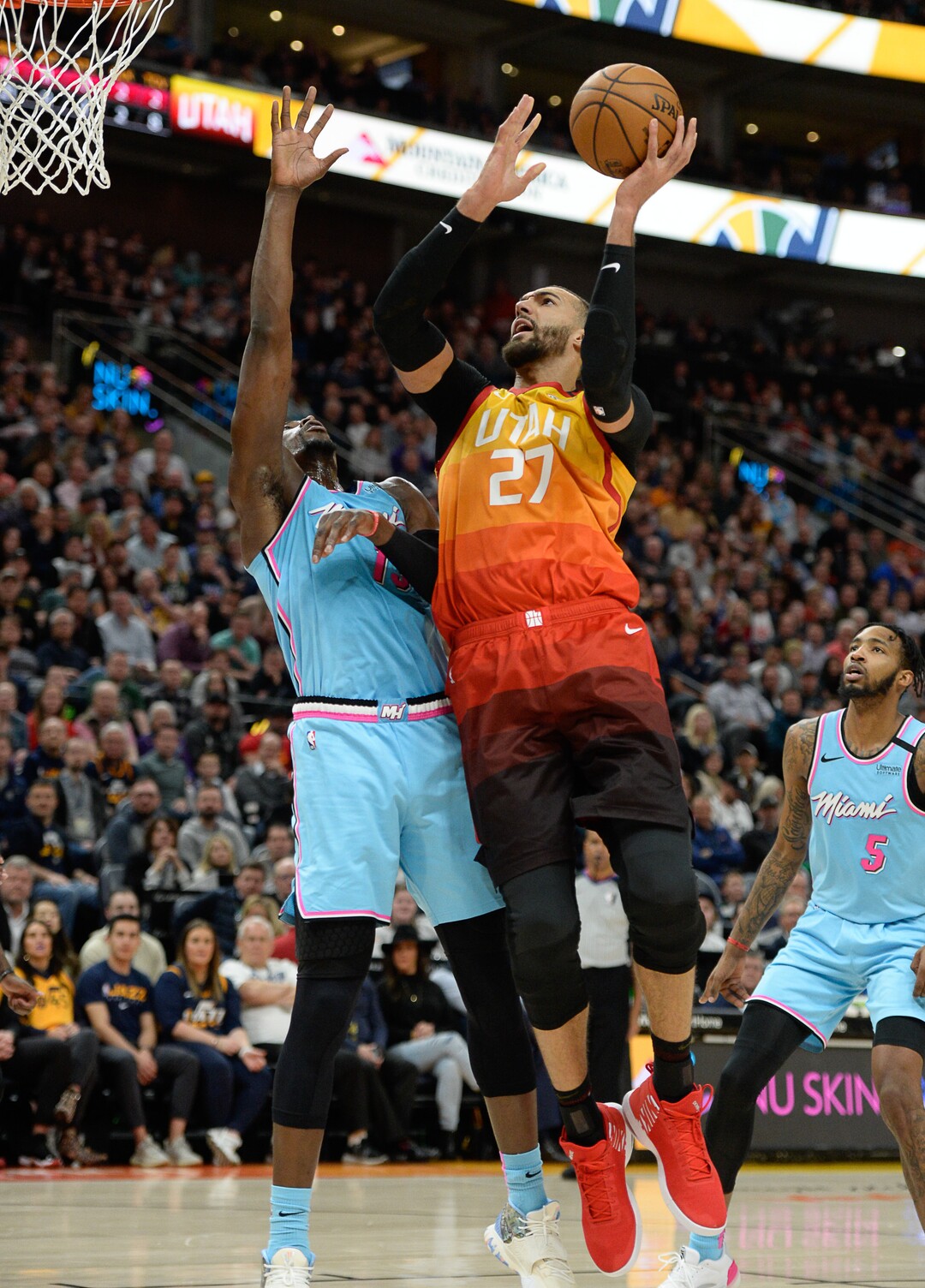 (Francisco Kjolseth  |  The Salt Lake Tribune) Miami Heat forward Bam Adebayo (13) tries to block Utah Jazz center Rudy Gobert (27) as the Utah Jazz host the Miami Heat in their NBA basketball game at Vivint Smart Home Arena in Salt Lake City on Wednesday, Feb. 12, 2020.