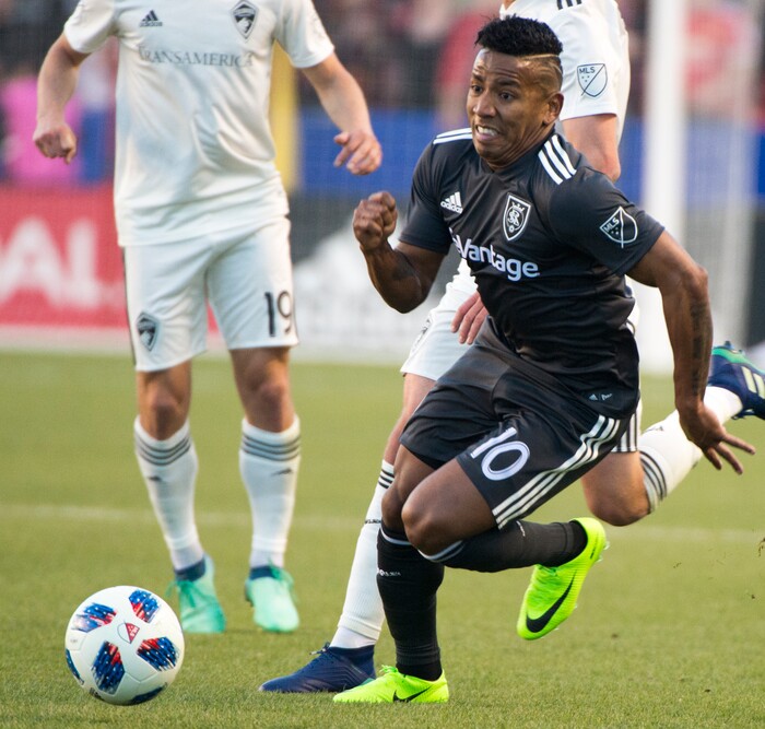 (Rick Egan  |  The Salt Lake Tribune)    Real Salt Lake forward Joao Plata (10) goes for the ball, in MLS soccer action, RSL vs Colorado Rapids at Rio Tinto Stadium, Saturday, April 21, 2018.


