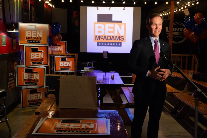 (Francisco Kjolseth  |  The Salt Lake Tribune) Democratic Rep. Ben McAdams, looking to retain his seat for Utah’s 4th Congressional District, conducts an interview as he keeps an eye on vote count from his small election watch party at Pat’s BBQ in Salt Lake City, Tuesday, Nov. 3, 2020.