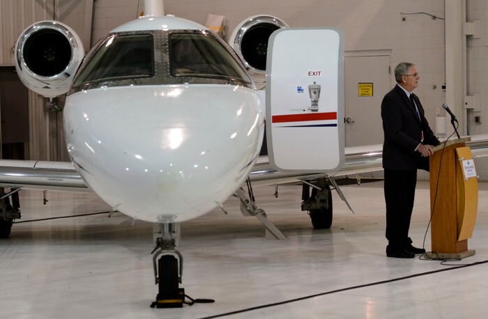 (Steve Griffin  |  The Salt Lake Tribune)  Kent Johnson, director of aviation operations for Intermountain Life Flight, stands with the new Intermountain Life Flight jet that will be used primarily to retrieve organs for transplantation in the Intermountain West, as he talks with the media during a news conference at the Intermountain Life Flight Hangar at the Salt Lake International Airport in Salt Lake City Monday October 30, 2017.