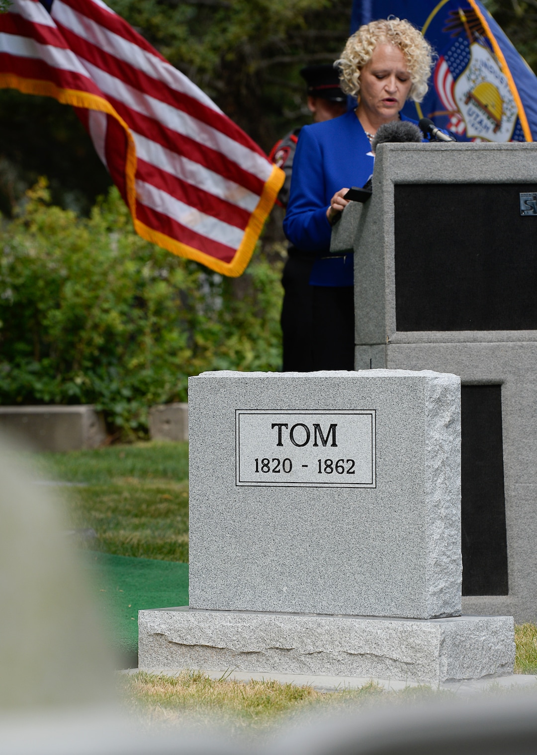 (Francisco Kjolseth  |  The Salt Lake Tribune)  Mayor Jackie Biskupski recognizes "Tom," an enslaved Black pioneer who was acquired by the second mayor of Salt Lake City, Abraham Smoot, during a dedication of his grave marker at the Salt Lake City cemetery In conjunction with the 400th anniversary of the arrival of African slaves in the United States. The placement and dedication of the marker on Thursday, Aug. 22, 2019, is the result of research initially conducted by Mark Smith, the former sexton of the Cemetery.