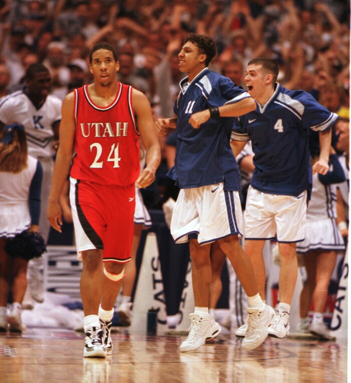 (Steve Griffin  |  Tribune file photo)  Utah's Andre Miller walks up the court dejected as Kentucky takes control of the 1998 championship game in San Antonio, Texas. Kentucky players Saul Smith (11) and Steve Masiello (4)