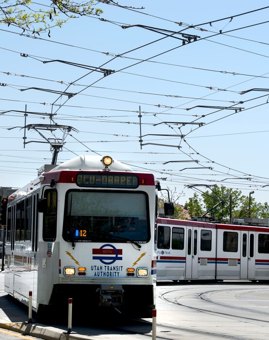 (Steve Griffin  |  The Salt Lake Tribune) A TRAX train turns the corner on 200 south 400 west in Salt Lake City Thursday April 26, 2018. Because of complaining about noise there by UTA Board member Babs DeLay, UTA has been manually greasing the tracks there every three hours and ordered trains to cut their speed. 