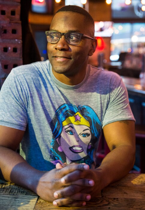 (Rick Egan  |  The Salt Lake Tribune)    A woman shouted a racist heckle at stand-up comedian Jay Whittaker, during his comedy set at Wiseguys in Salt Lake City, Saturday night. Monday, April 9, 2018.