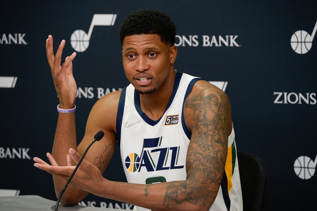 (Chris Samuels | The Salt Lake Tribune) Rudy Gay is interviewed during Utah Jazz media day at Vivint Arena, Monday, Sept. 27, 2021 in Salt Lake City.