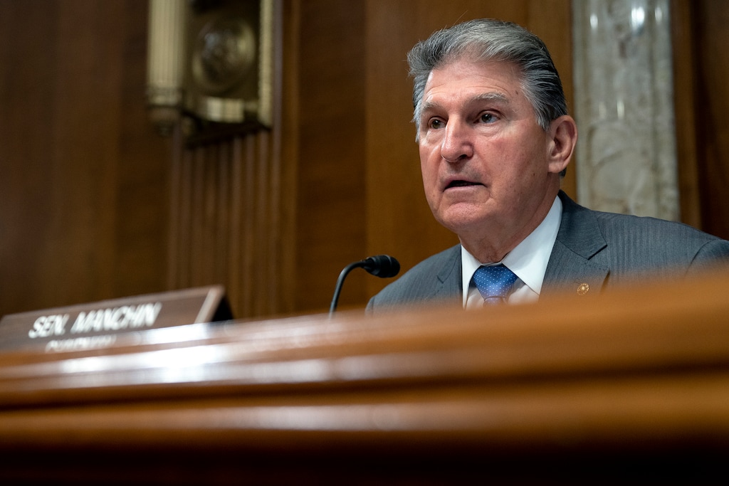 (Stefani Reynolds | The New York Times)
Sen. Joe Manchin (D-W.Va.) addresses a Senate Energy and Natural Resources Committee hearing in Washington on Thursday, May 13, 2021. "Biden and his party have ended up conducting the same kind of negotiations as in this hypothetical, except that instead of negotiating with Republicans, they're mostly just negotiating with Joe Manchin," writes The New York Times opinion columnist Ross Douthat.