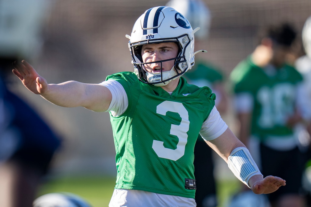 (Rick Egan | The Salt Lake Tribune)  BYU quarterback McCae Hillstead steps behind center at the Cougars' spring practice, on Thursday, Feb 27, 2025. The Utah State transfer is one of many quarterbacks vying to replace Jake Retzlaff as BYU's starter.


