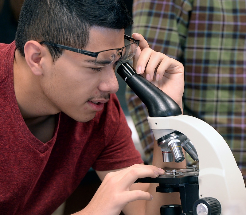 (Al Hartmann  |  Tribune file photo) Hector Anguino counts Paramecium from a glass slide, part of a national science competition in biology class at Salt Lake Center for Science Education.