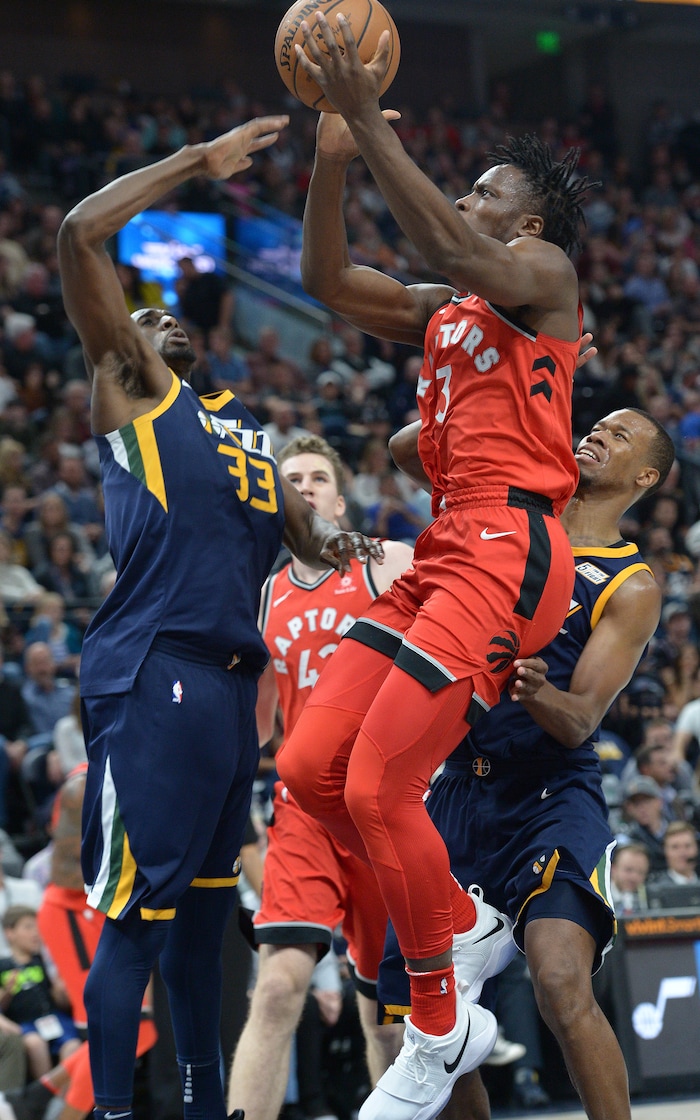 (Leah Hogsten  |  The Salt Lake Tribune) Utah Jazz center Ekpe Udoh (33) denies Toronto Raptors forward OG Anunoby (3) under the net. The Utah Jazz were defeated by the Toronto Raptors 100-109 at Vivint Smart Home Arena, Friday, November 3, 2017