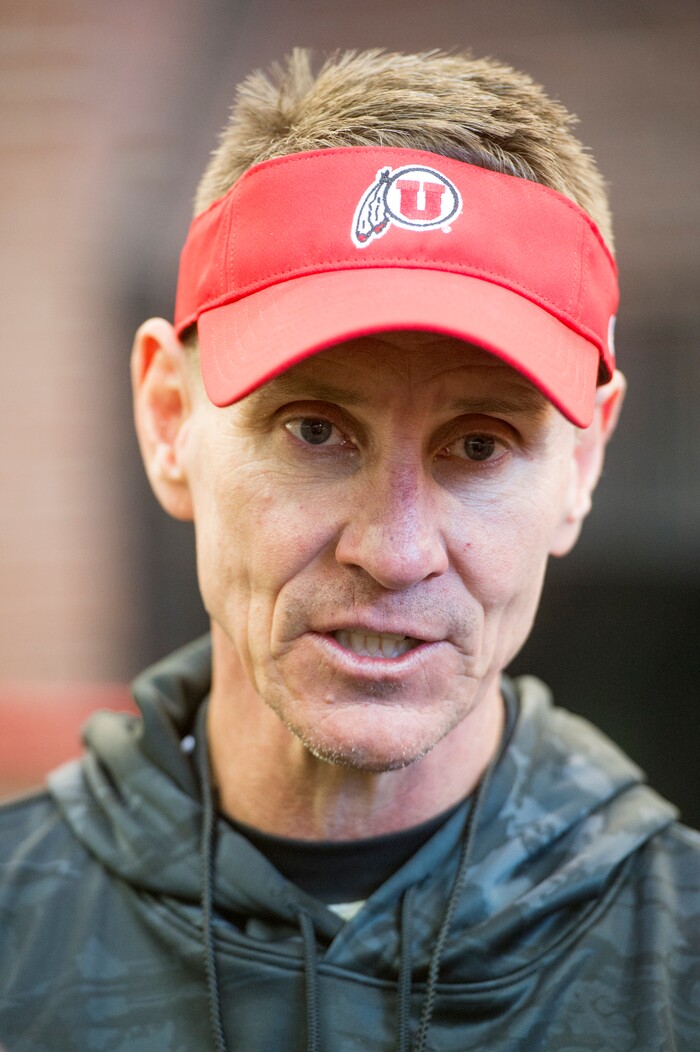 (Rick Egan  |  The Salt Lake Tribune)   Utah associate head coach/defensive line coach Gary Andersen, talks to the media, during the first day of Spring practice, Monday, March 5, 2018.


