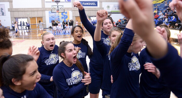 (Leah Hogsten  |  The Salt Lake Tribune) Skyline takes the court against Timpview in their semifinal game of the 5A High School Girls' Basketball Tournament at SLCC in Taylorsville, Friday, Feb. 23, 2018. 
