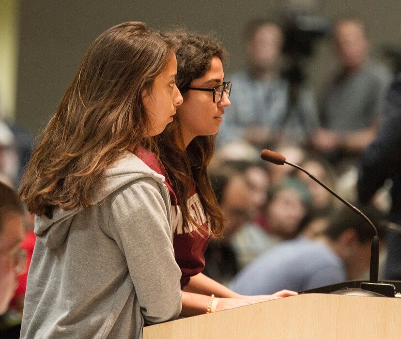 (Mark Wallheiser | The Associated Press) Marjory Stoneman Douglas High School students Bela Urbina, left, and Katherine Guerra, both 15-year-old sophomores, speak and react in the Senate Rules Committee meeting on gun safety in the Knott Building at the Florida Capitol after the Rally in Tally in Tallahassee, Fla., Feb. 26, 2018.
