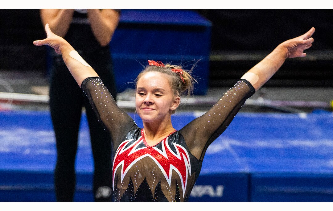 (Rick Egan | The Salt Lake Tribune)  Maile O'Keefe scores a 10 on the Beam, in PAC-12 gymnastics action between The University of Washington and The University of Utah at Jon M. Huntsman Center in Salt Lake City, on Saturday, Jan. 30, 2021.