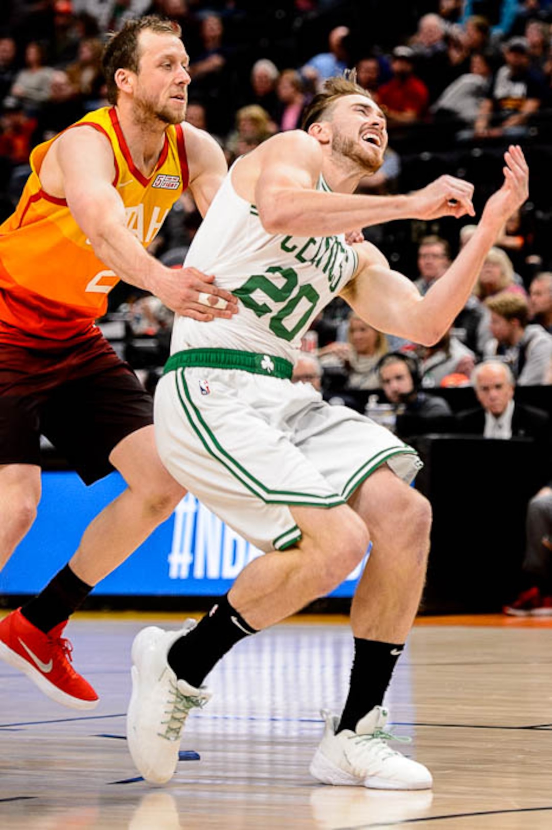 (Trent Nelson | The Salt Lake Tribune)  Boston Celtics forward Gordon Hayward (20) is fouled by Utah Jazz forward Joe Ingles (2). Utah Jazz vs. Boston Celtics, NBA basketball in Salt Lake City on Friday Nov. 9, 2018.