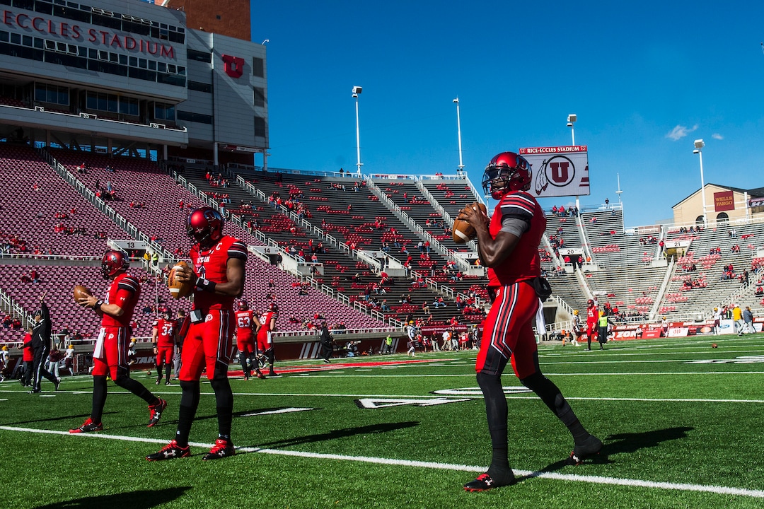 (Chris Detrick  |  The Salt Lake Tribune)  Utah Utes quarterback Tyler Huntley (1) warms up before the game at Rice-Eccles Stadium Saturday, October 21, 2017. 