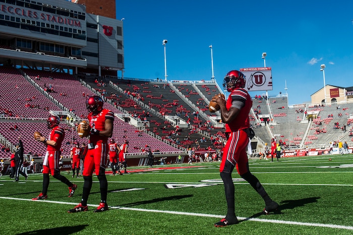 (Chris Detrick  |  The Salt Lake Tribune)  Utah Utes quarterback Tyler Huntley (1) warms up before the game at Rice-Eccles Stadium Saturday, October 21, 2017. 