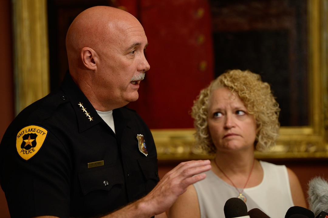 (Francisco Kjolseth  |  The Salt Lake Tribune)  Salt Lake City's Police Chief Mike Brown and Mayor Jackie Biskupski hold a press conference at the City and County building on Friday, Sept. 1, 2017, to apologize for an officer handcuffing a hospital nurse for refusing a blood draw from an unconscious patient.