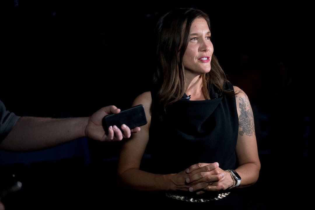 (Jeremy Harmon  |  The Salt Lake Tribune) Erin Mendenhall talks to reporters during an election night party in Salt Lake City on Tuesday, August 13, 2019.
