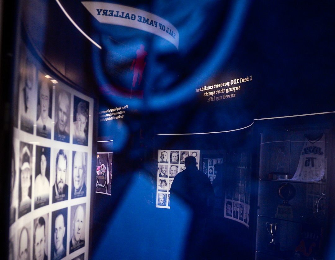(Leah Hogsten  |  The Salt Lake Tribune)  Visitors to the Utah Sports Hall of Fame tour the displays, Wednesday, May 15, 2019 before its grand opening this Saturday.