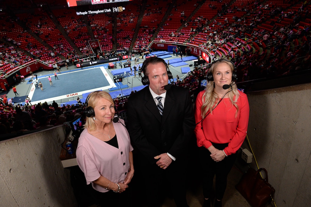 (Francisco Kjolseth  |  The Salt Lake Tribune) Utes' radio play-by-play is done by Megan Marsden, Mike Lageschulte and Kyndal Robarts, from left, as they get ready to live stream and call for the radio the Utah Red Rocks gymnastics team as they host Stanford, Friday, March 6, 2020, at the Jon M. Huntsman Center in Salt Lake City.
