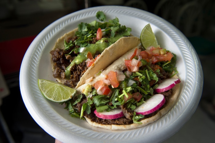 (Scott Sommerdorf   |  The Salt Lake Tribune)   Carne asada tacos at Anaya's Market, which has a taqueria in back, at 1490 Munchkin Road in Park City.