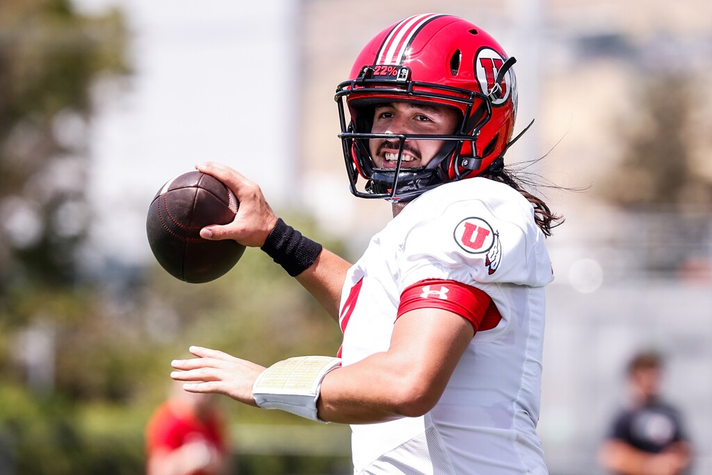 (Hunter Dyke | Utah Athletics) Quarterback Cam Rising participates in the first day of Utah football fall camp in Salt Lake City on Monday, July 31, 2023.