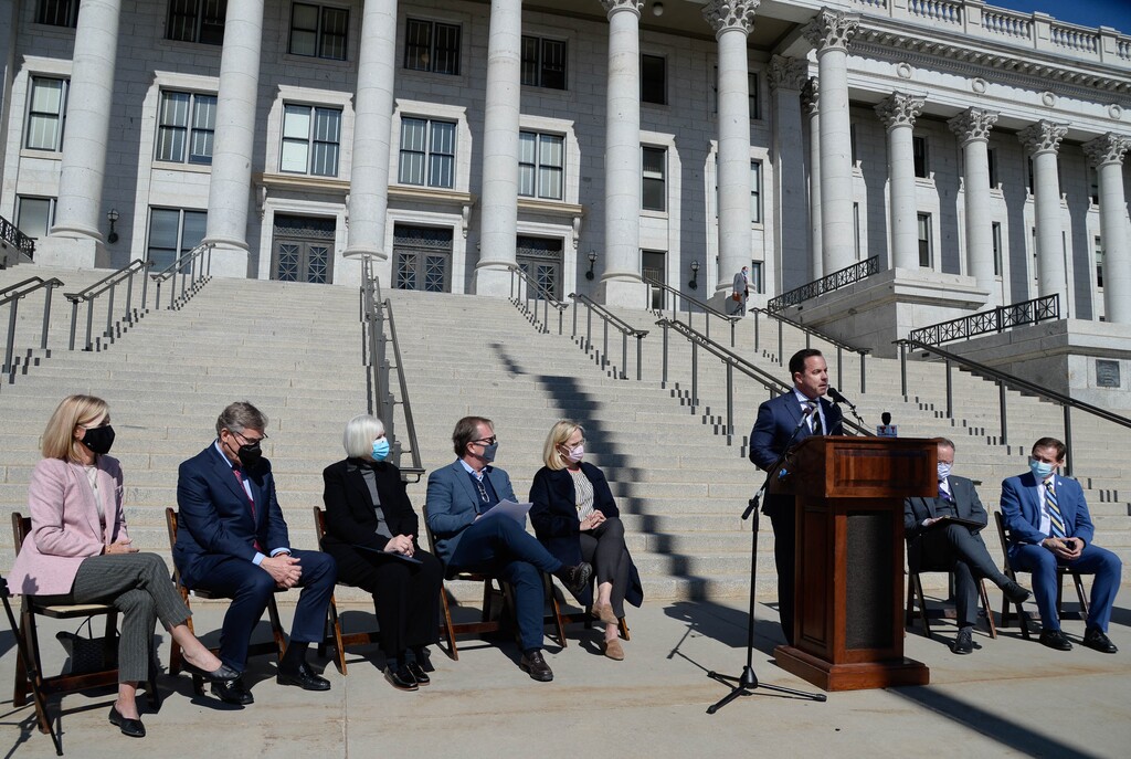(Francisco Kjolseth | The Salt Lake Tribune) House Speaker Brad R. Wilson, R-Kaysville, introduces members of the philanthropic community including Lisa Eccles, Scott Anderson, Gayle Miller and Clark and Chrstine Ivory as they gather outside the Capitol on Wednesday, March 3, 2021, along with Senate President Stuart Adams, R-Layton, and Rep. Steve Eliason, R-Sandy, to discuss legislation and announce a public-private partnership to help address homelessness and affordable housing.