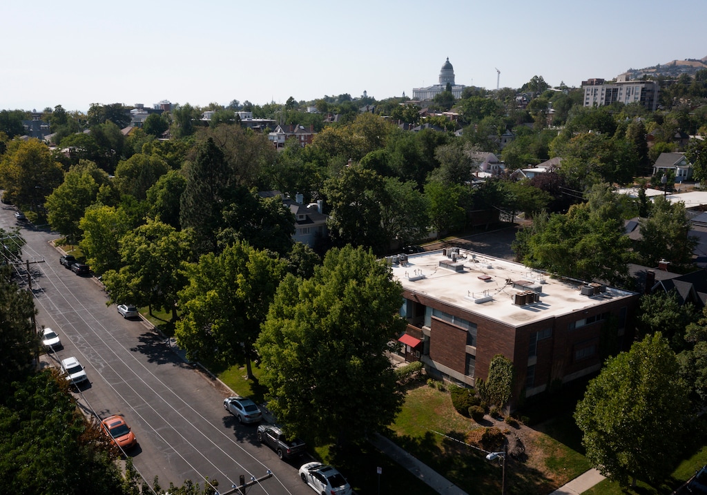 (Bethany Baker  |  The Salt Lake Tribune) The buildings, previously owned by the University of Utah and referred to as Downtown Commons I and II, are seen in Salt Lake City on Tuesday, Aug. 5, 2025.