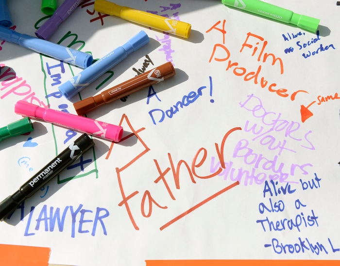 (Al Hartmann  |  The Salt Lake Tribune) 	
Highland High School students sign a poster that said "When I grow up I want to be...."  Over one hundred students at Highland High School staged a walkout Friday April 20, 2018 in honor of the anniversary of the Columbine High School massacre. Demonstrators walked from the school to Sugar House Park where they made posters, wrote letters to their congressmen and listened to speakers. 