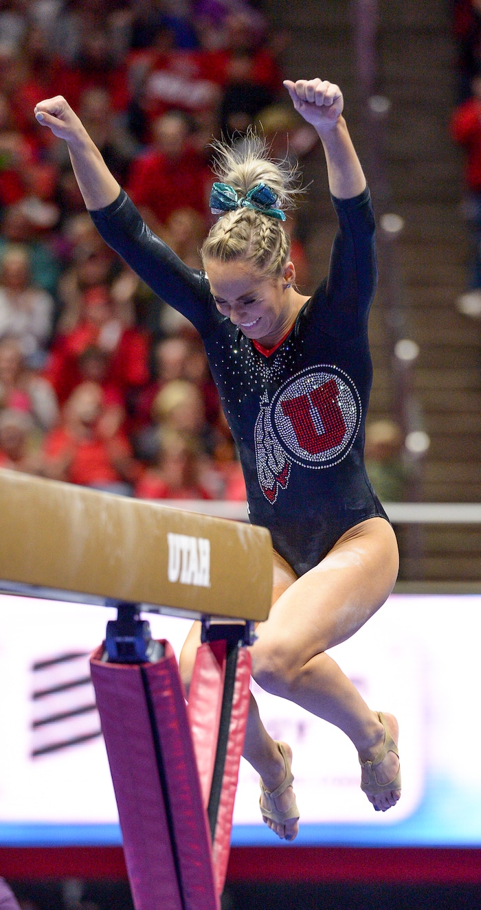 (Leah Hogsten  |  The Salt Lake Tribune) MyKayla Skinner celebrates her performance on the beam as the No. 4 Utah gymnasts host No. 20 Georgia in the final regular season meet at Jon M Huntsman Center in Salt Lake City Friday, March 16, 2018. 