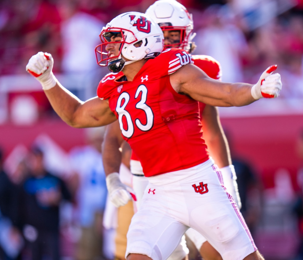 (Rick Egan | The Salt Lake Tribune)  Utah Utes defensive end Jonah Elliss (83)celebrates after sacking UCLA Bruins quarterback Dante Moore (3), in the final Bruin drive in the 4th quarter, in PAC-12 football action between the Utah Utes and theUCLA Bruins, at Rice-Eccles Stadium, on Saturday, Sept. 23, 2023.