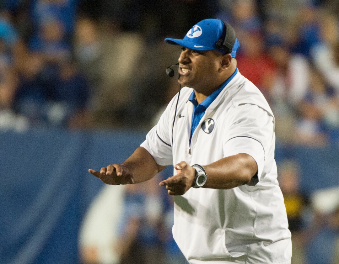 (Rick Egan  |  The Salt Lake Tribune)  Brigham Young Cougars head coach Kalani Satike shouts directions to his team, in football action BYU vs. Utah,  at Lavell Edwards Stadium in Provo, Saturday, September 9, 2017.