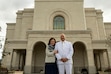 (The Church of Jesus Christ of Latter-day Saints) Melanie Rasband and her husband, apostle Ronald A. Rasband, outside the Ephraim Temple on dedication day Sunday, Oct. 11, 2026.