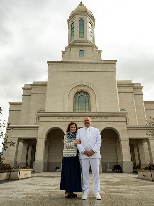 (The Church of Jesus Christ of Latter-day Saints) Melanie Rasband and her husband, apostle Ronald A. Rasband, outside the Ephraim Temple on dedication day Sunday, Oct. 11, 2026.