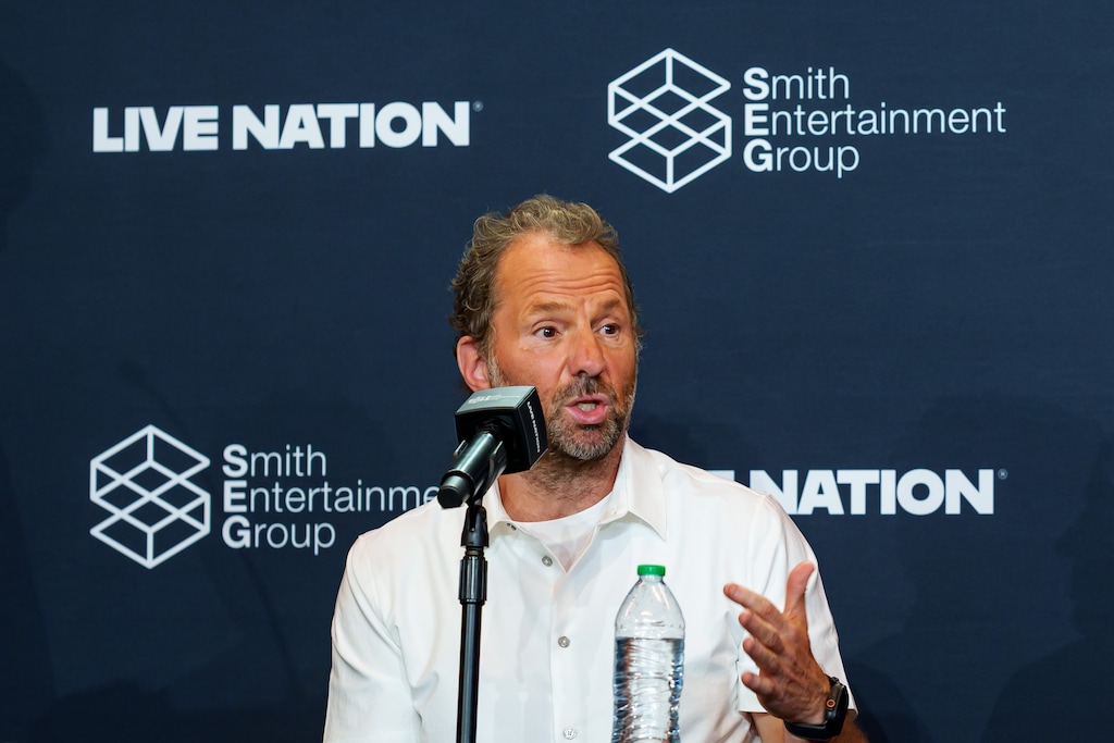 (Trent Nelson  |  The Salt Lake Tribune) Michael Rapino of Live Nation at a news conference in Salt Lake City on Tuesday, Aug. 19, 2025.