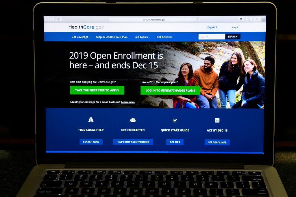 FILE - In this Nov. 1, 2018, file photo, the federal website where consumers can sign up for health insurance under the Affordable Care Act is shown on a computer screen in Washington. The health care sector is getting punished before the opening bell Monday, Dec. 17, after a federal judge in Texas ruled Friday that the Affordable Care Act is unconstitutional. (HealthCare.gov via AP, File)