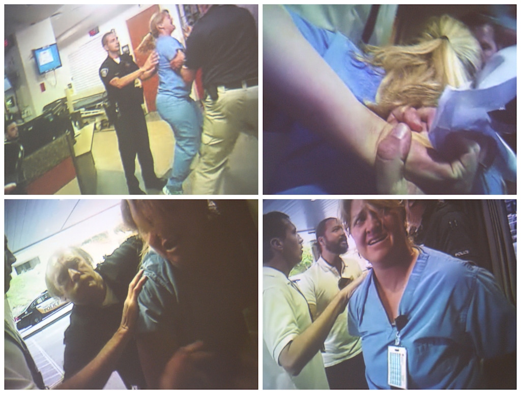 Alex Wubbels, seen here in various images from police body cam video, was arrested after explaining to police that she couldn't draw a blood sample from an unconscious person at University Hospital. A Salt Lake City police detective asked for a blood sample. After explaining to the detective that the police needed a warrant, consent from the unconscious patient or that the patient needed to be under arrest before the blood sample could be drawn, she was arrested.